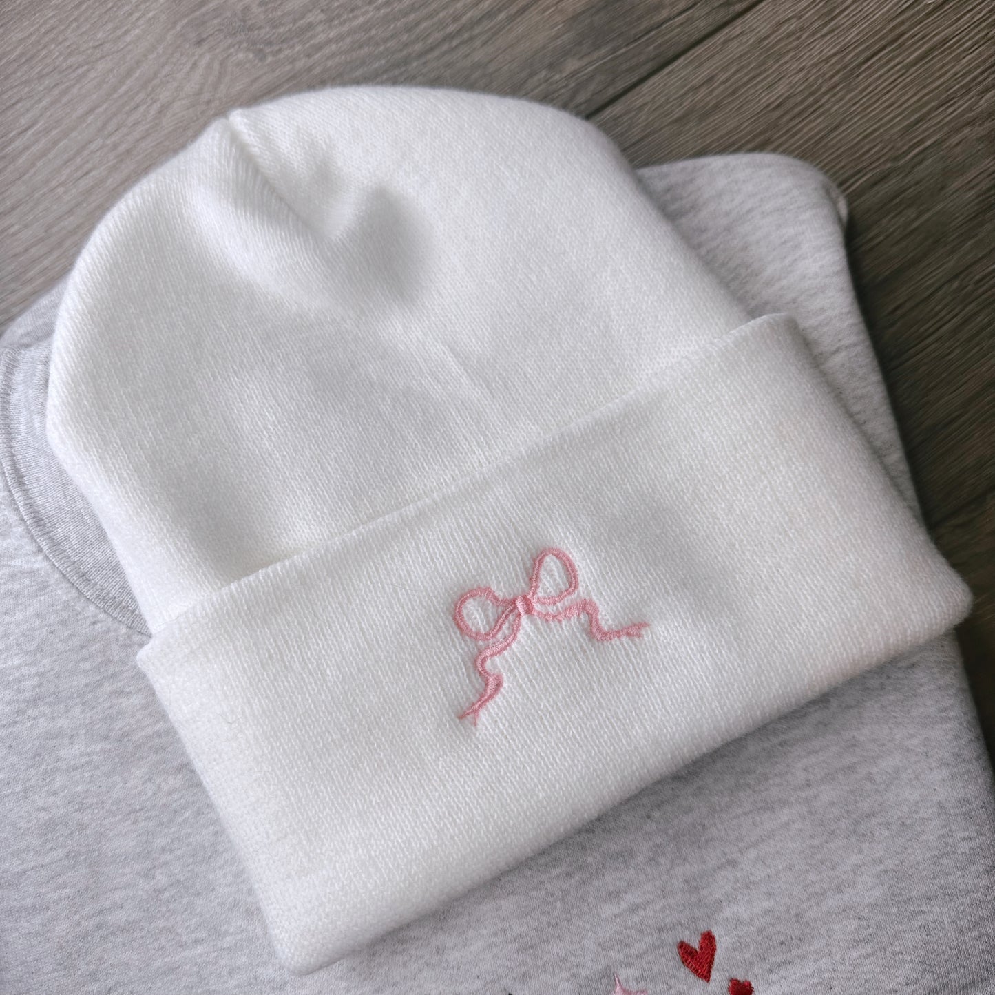 Embroidered Pink Bow Beanie