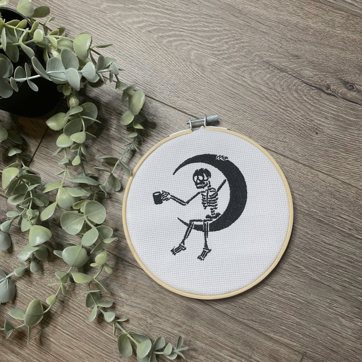 Skeleton & Coffee Moon Embroidered Hoop Hanging