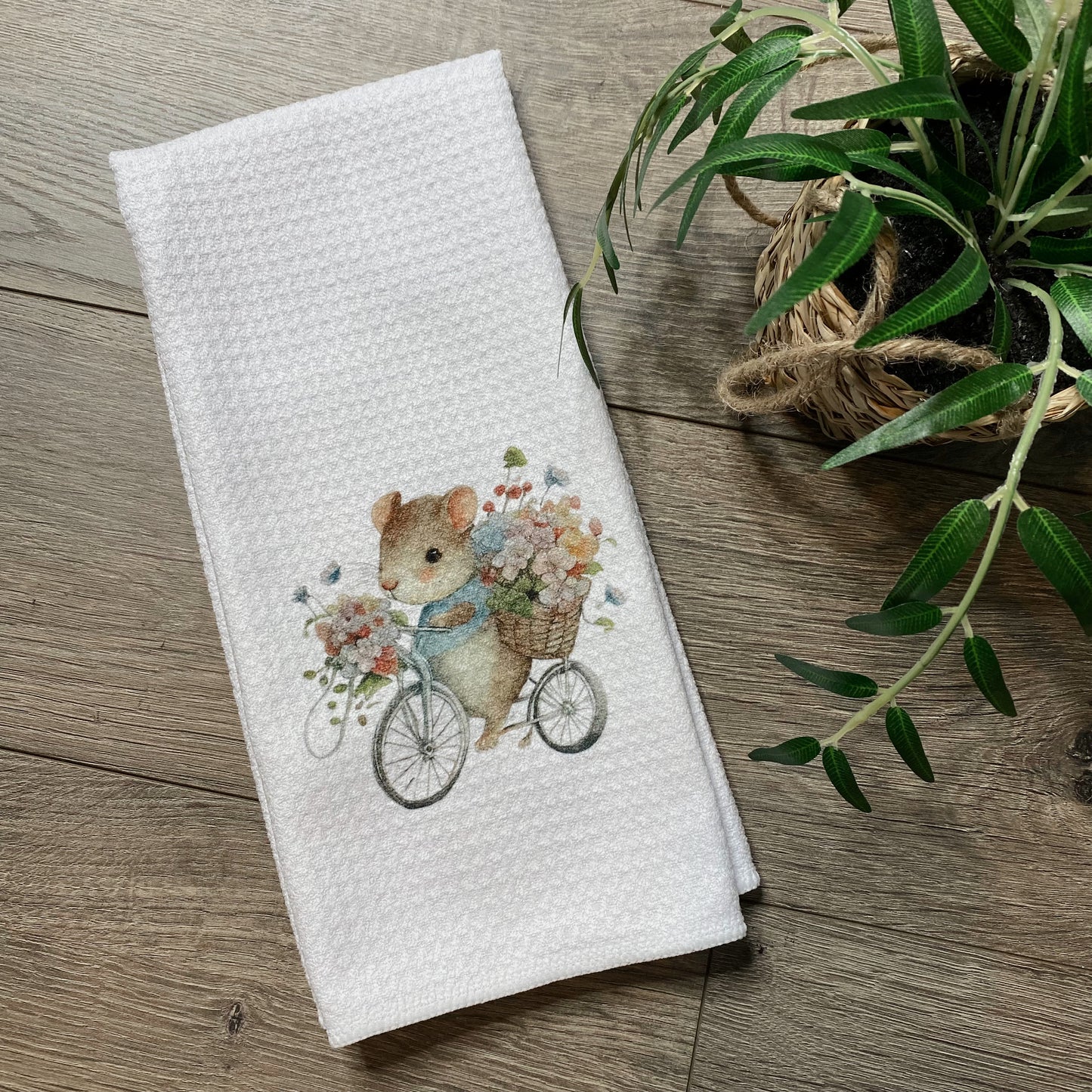 Mouse & Bicycle Full of Flowers Dish Towel
