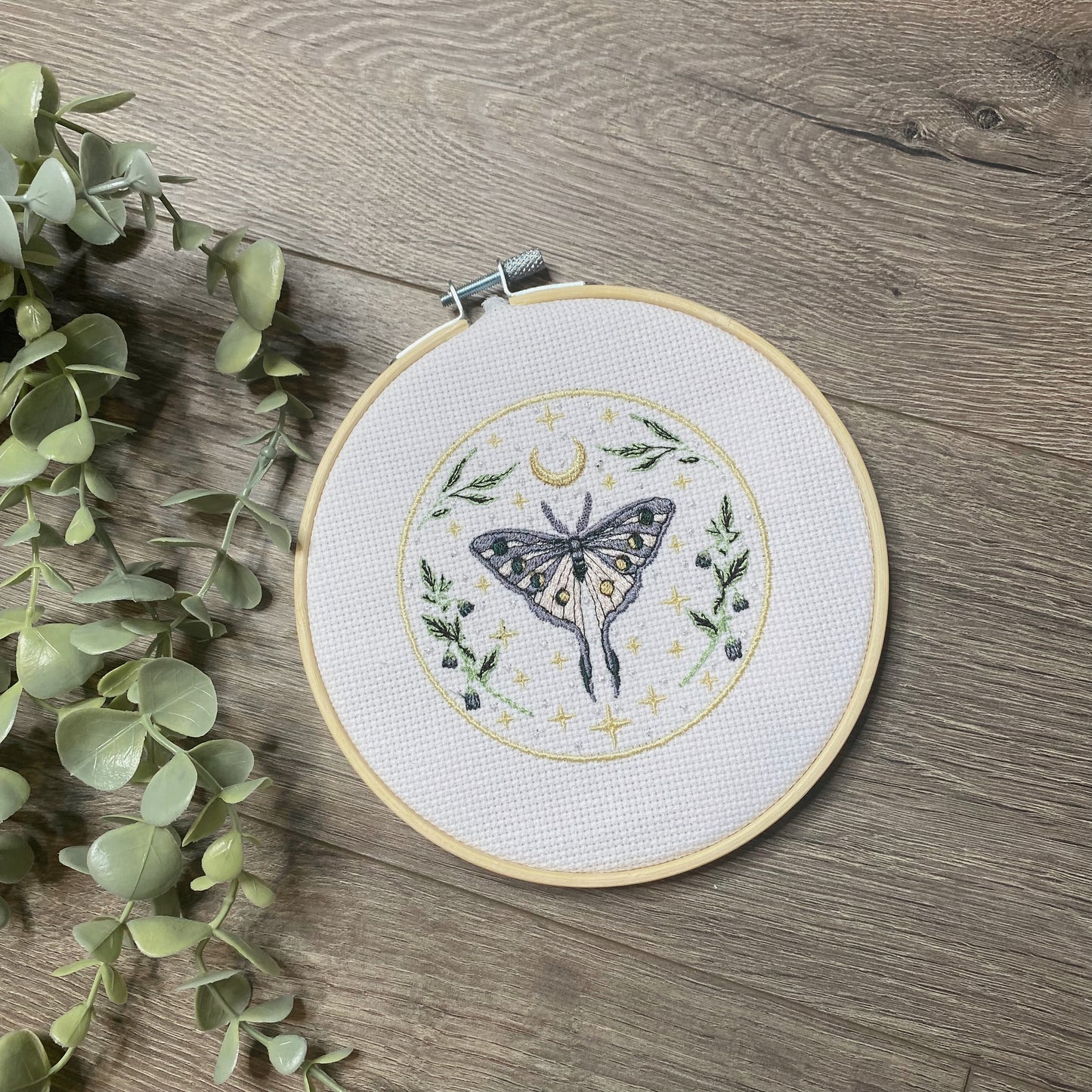 Celestial Moth Embroidered Hoop Hanging
