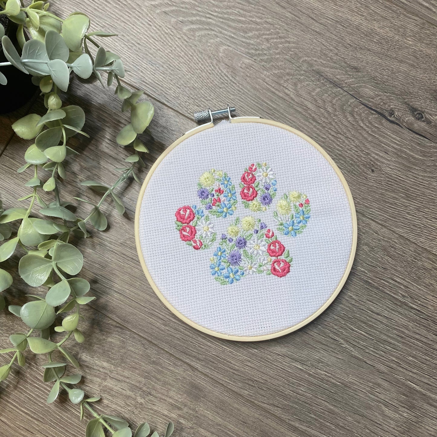 Floral Paw Print Embroidered Hoop Hanging